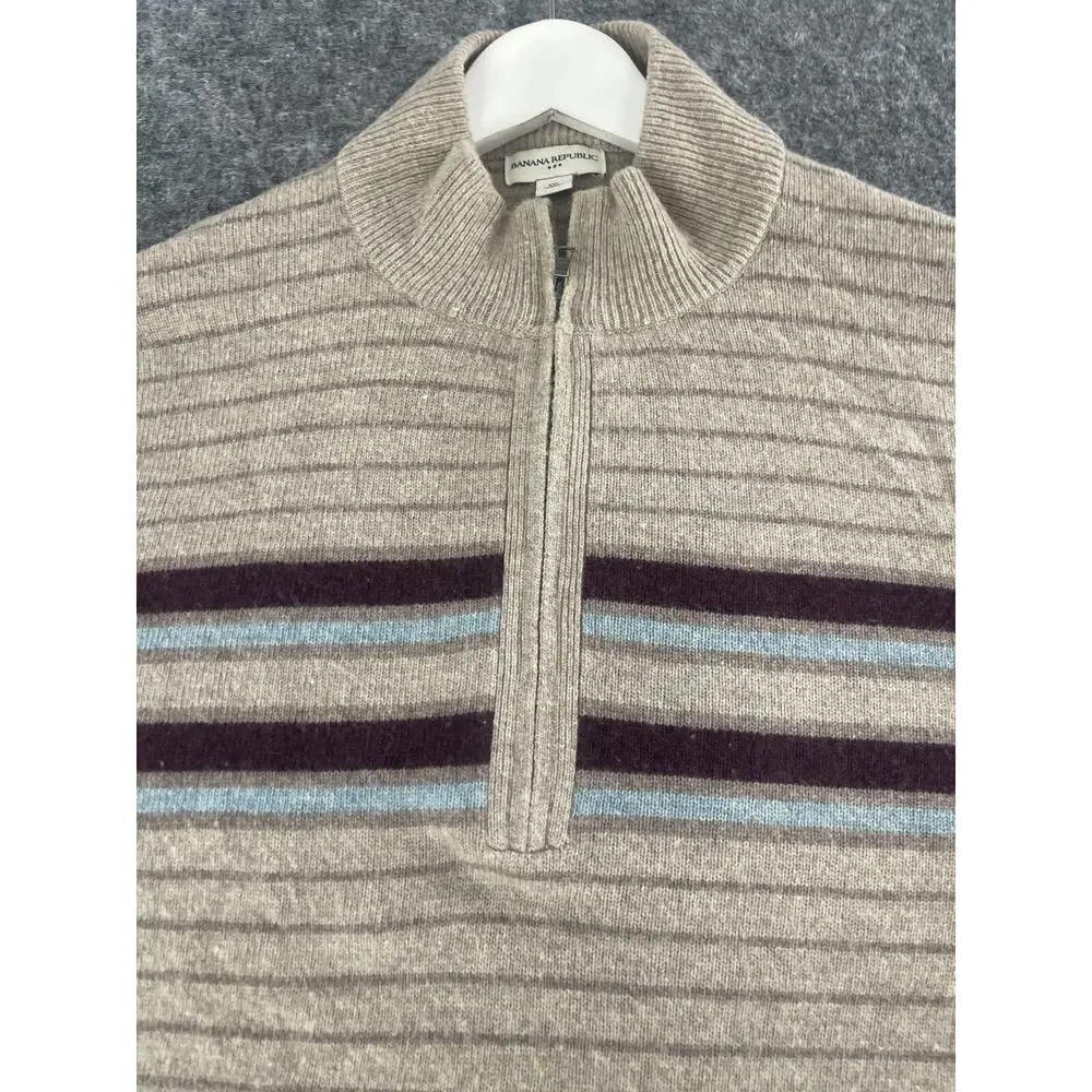 Banana Republic Sweater Mens 2XL Beige Striped 1/4 Zip 100% Wool Pullover N220